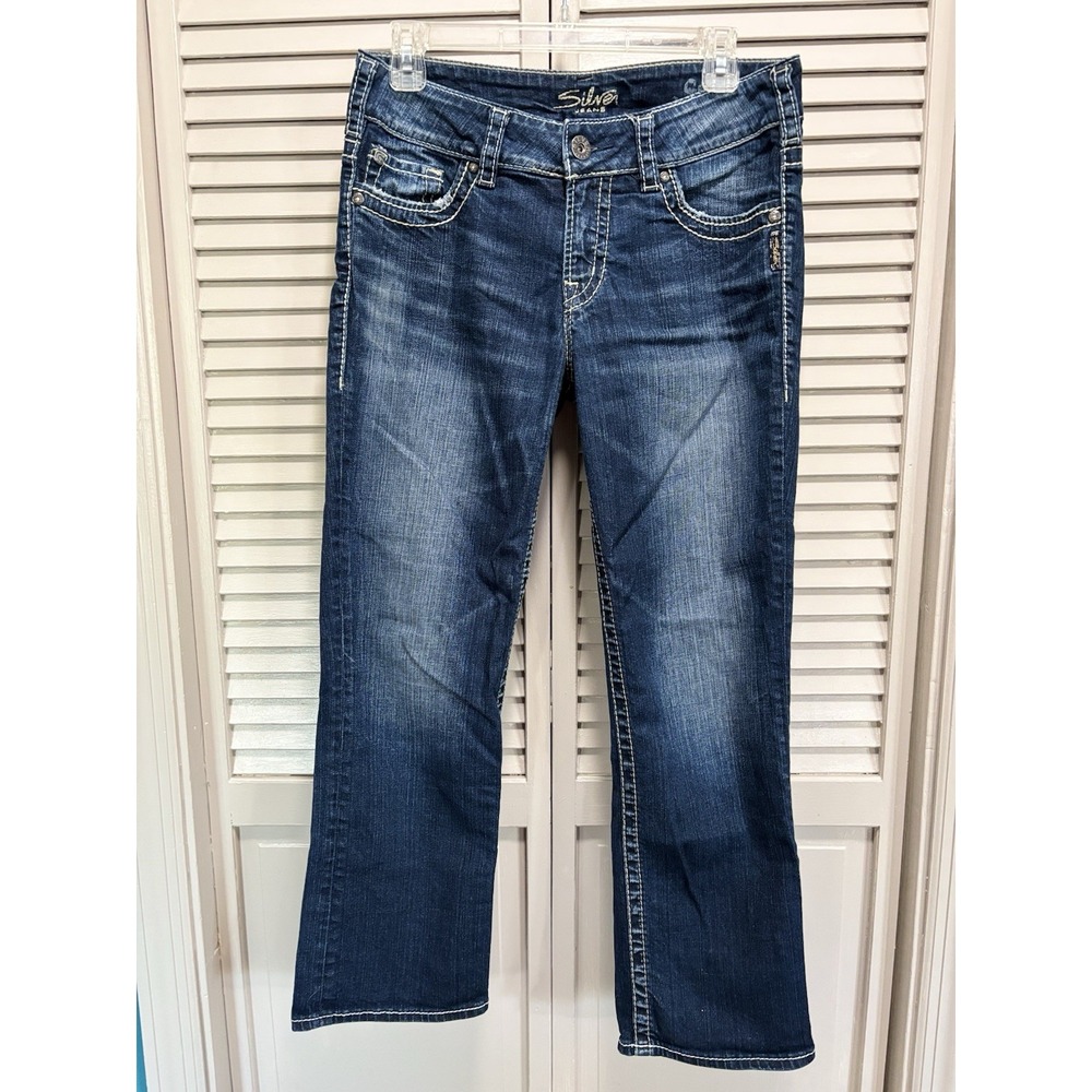 Silver Jeans Suki Capri Low Rise Straight Dark Stitching Size 29 Embroidery